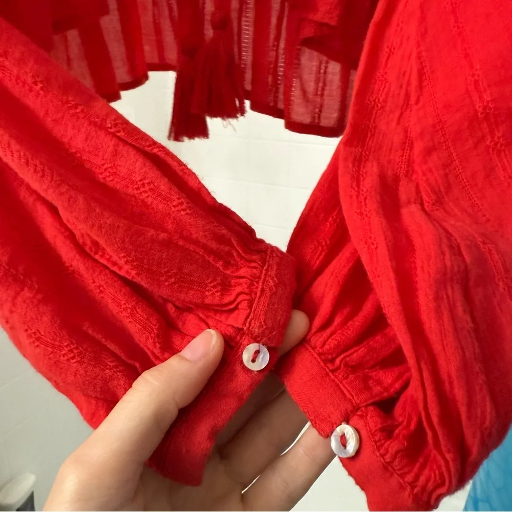 Sold Free People Cotton Lace Longe sleeve cover blouse Red Top - Picture 6 of 9